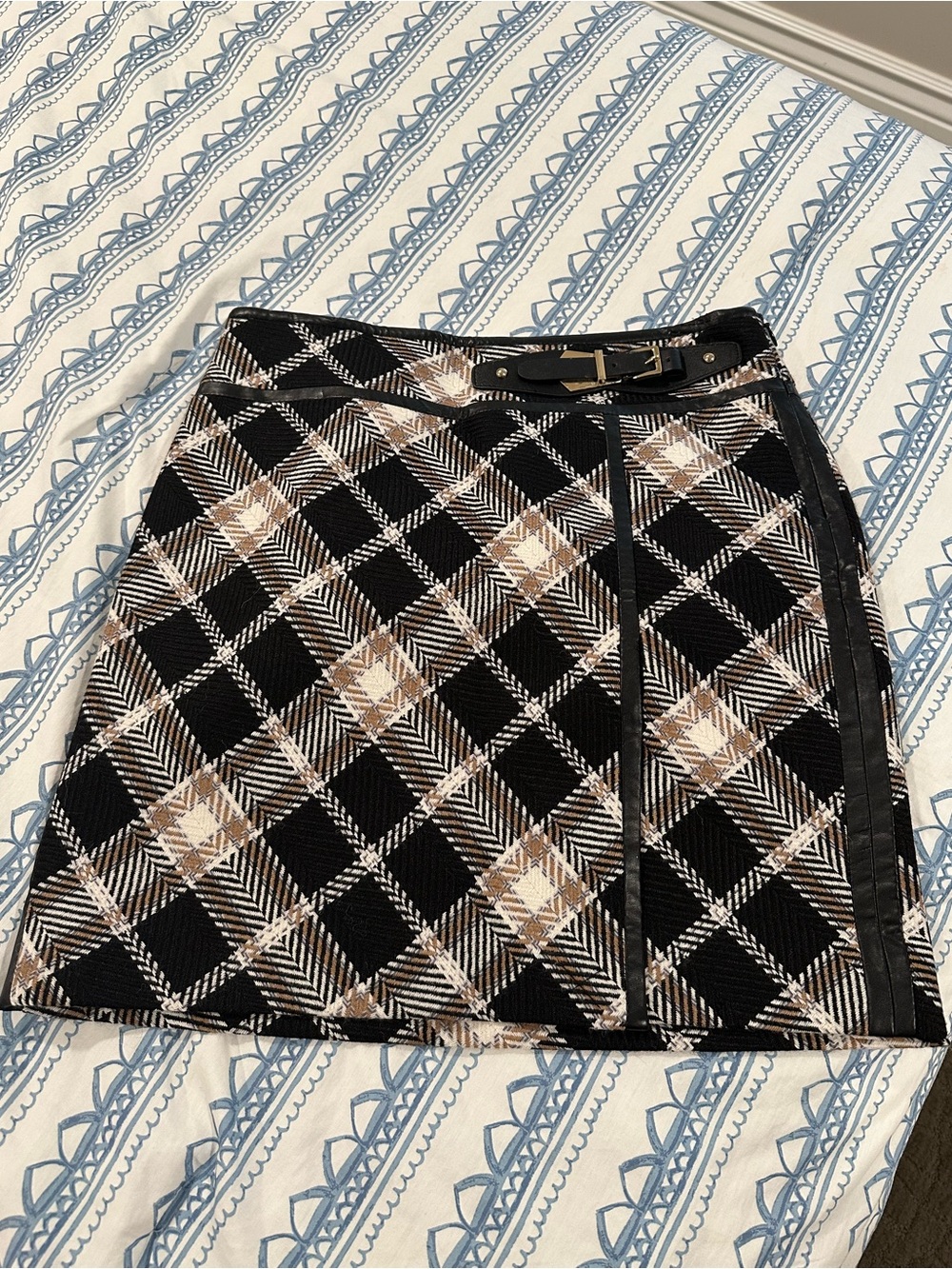 White House Black Market Black & Brown Plaid A-Line Mini Skirt with Belt